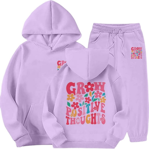 Gaexia Winter Girls Tracksuit Set Fashion Print Hooded Top and Joggers Cozy Outfit for Cold Weather and School Activities,Purple,10-11 Years