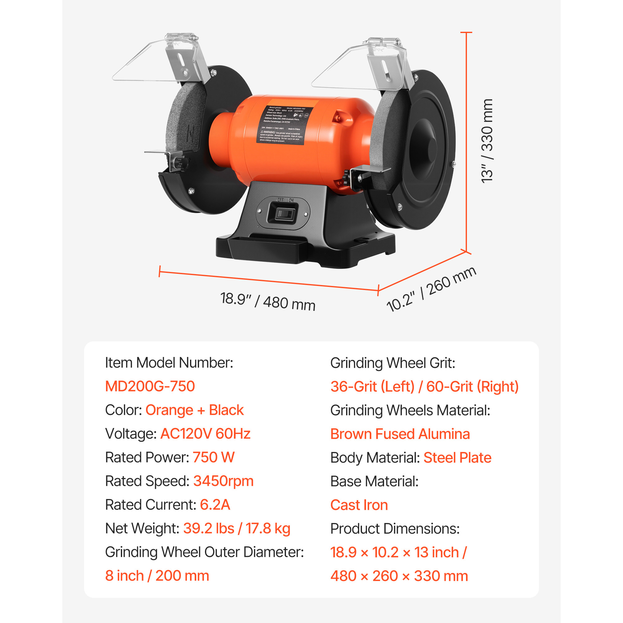 KFFKFF 8-Inch Bench Grinder with 3450 RPM, Single-Speed Table Grinder Featuring 750W Induction Motor, 36/60-Grit Grinding Wheels, and Adjustable Eye Shields for Efficient Sharpening and Grinding