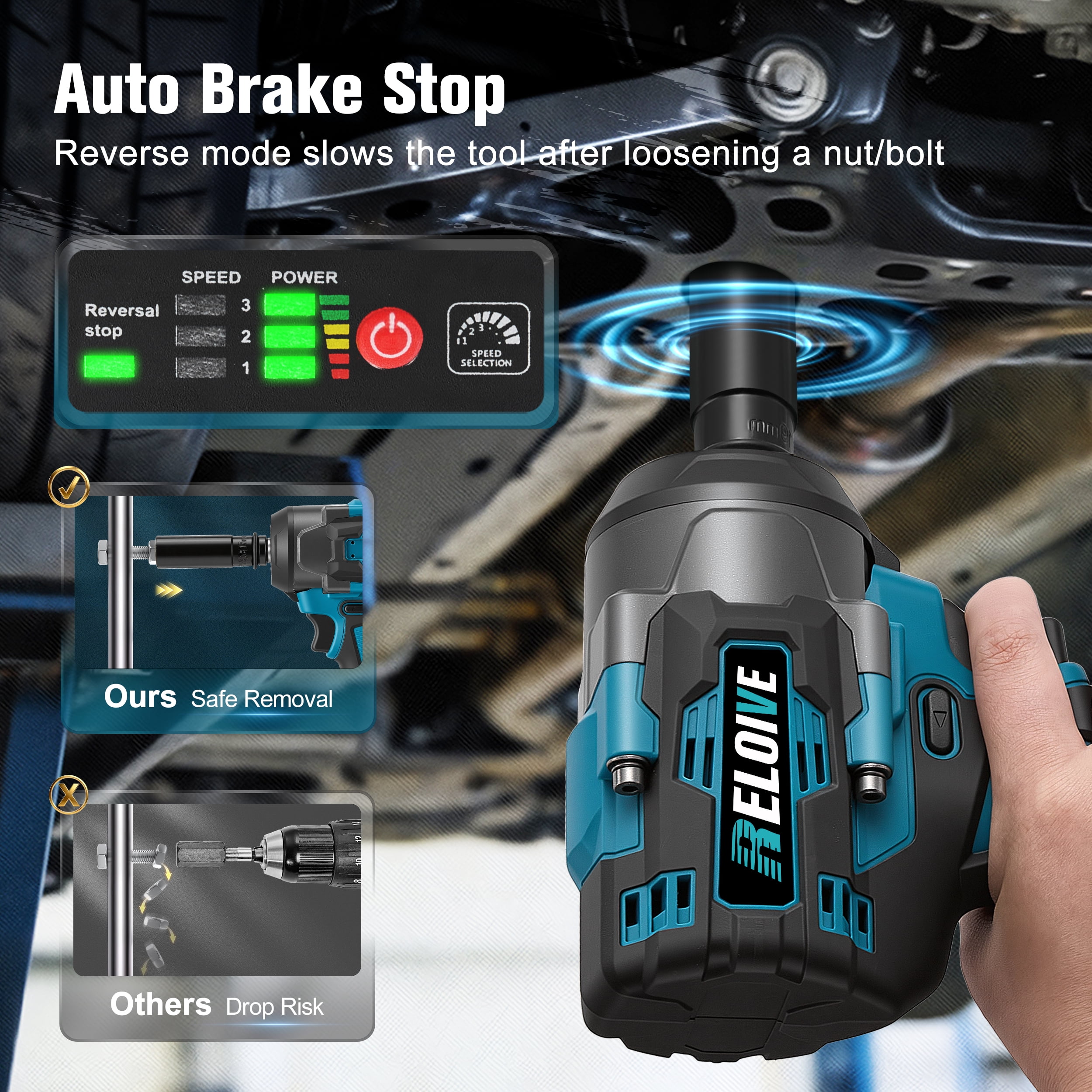 RELOIVE Cordless Impact Wrench Kit,663.8 FT-lbs(900N.m) Max Torque,1/2" Heavy-Duty Brushless Motor,4-IN-1 Electric Impact Driver,2 x 4.0Ah Batteries for Car Home Repair