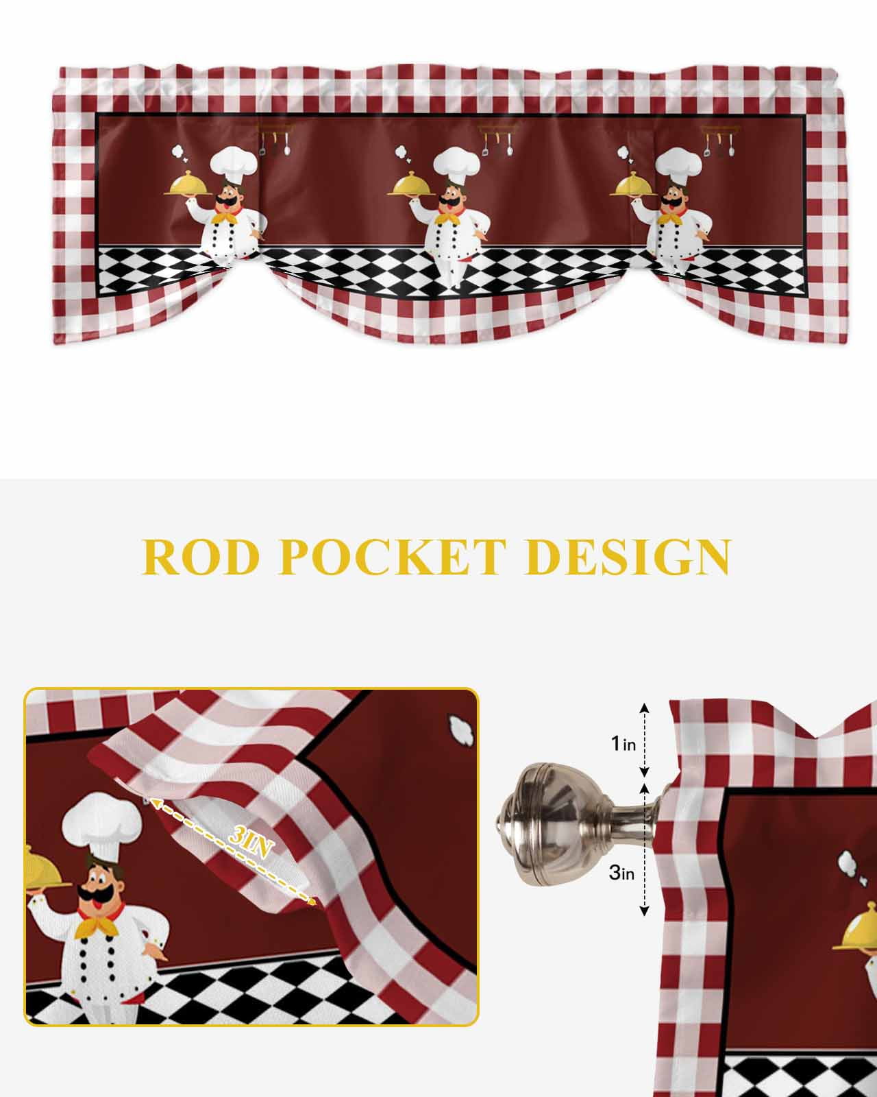 Chef Gourmet Tie Up Valances Curtain, Adjustable Kitchen Red Plaid Kitchen Vintage Farmhouse Valances for Windows Decor, Rod Pocket Short Curtains Set for Bedroom/Bathroom, 60"x18"