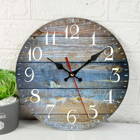 Wooden Wall Clock Silent Non-Ticking, Wood Old Retro Vintage Wooden Round Rustic Coastal Wall Clocks Decor for Home Kitchen Living Room Office, Battery Operated(12 Inch)