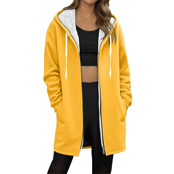 Women's Fleece Long Jackets Front Zip Hooded Drawstring Cardigan Thermal Casual Fall Winter Coat With Pockets (XL, Yellow)