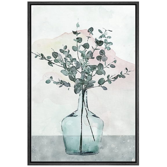 wall26 Framed Canvas Print Wall Art Pastel Watercolor Forest Leaf Plant Glass Vase Nature Wilderness Illustrations Modern Art Farmhouse/Country for Living Room, Bedroom, Office - 24"x36" Bl