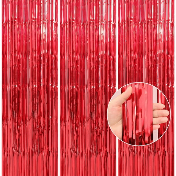 3 Pack Red Tinsel Backdrop, 3.28 FT x 6.56 FT Fringe Curtains, Red Foil Tinsel Party Streamer Backdrop Curtains, Wedding Photo Backdrop Party Decorations for Wedding Anniversaries