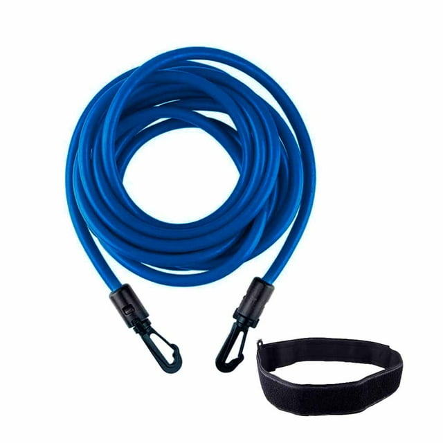 Bandes de Résistance Attache de Natation Ensemble de Natation Stationnaire Comprenant un Cordon Élastique Bleu durable avec des Pinces Sécurisées et une Ceinture de Taille en Néoprène Noir. Conçu pour la Natation Statique, l'Entraînement de Natation et les Exercices de Mise en Forme aqua. Convient à l'Entraînement freestyle, aux Dos, aux Coups de Papillon et aux Coups de Pied. Comprend un Anneau pour une installation Facile au Bord de la Piscine.