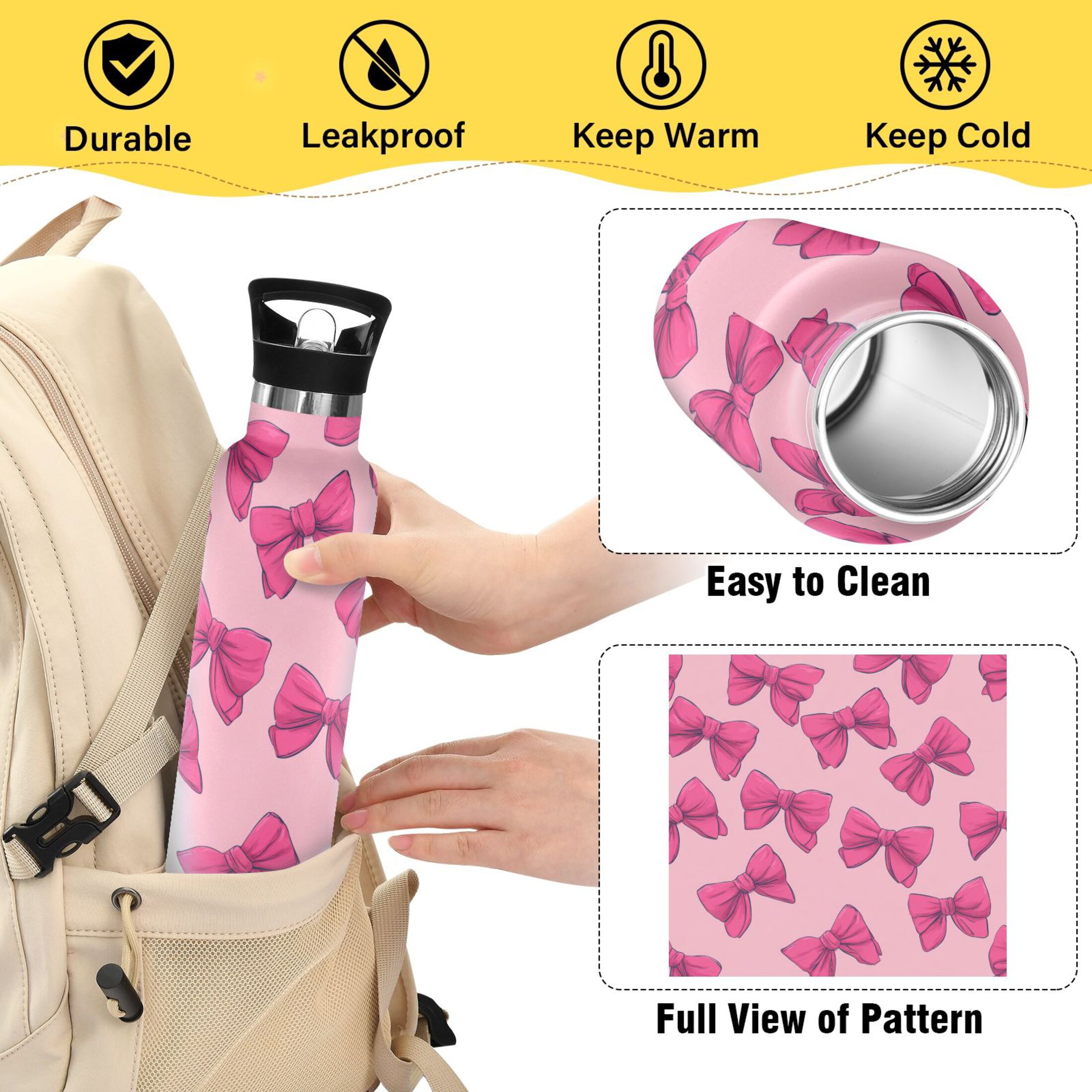 600ML Stainless Steel Insulated Cup Sports Water Bottle Portable Thermos Cup Water Glasses Insulated Tumblers Convenient and Durable Pink Butterfly Cute
