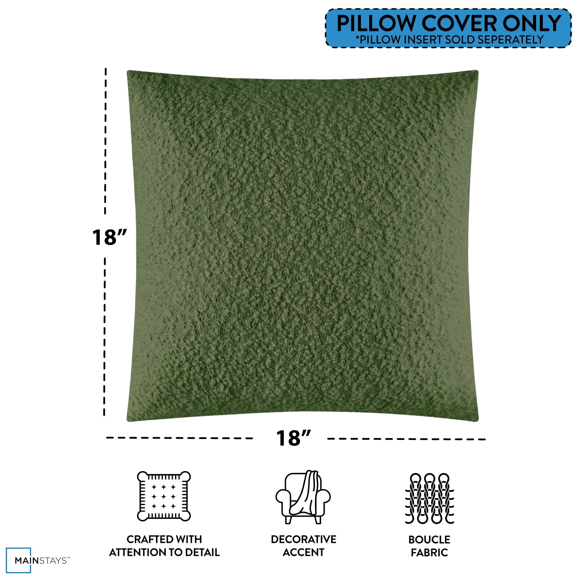 Mainstays 18"x18" Boucle Decorative Throw Pillow Cover- 2Pk- Bay Leaf