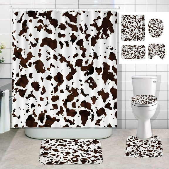 4PCS Cow Print Shower Curtain Sets with Rugs, Waterproof Fabric Brown Black White Shower Curtain, Funny Cute Farm Animal Milk Cow Skin Cowhide Western Country Rustic Farmhouse Bathroom Decor