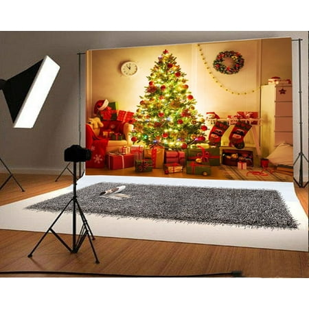 GreenDecor Polyester 7x5ft Christmas Photography Backdrop Tree Interior Decorations Gift Box Balls Garland Sofa Fairy Lights White Clock Scene Photo Background Children Baby Adults Portraits