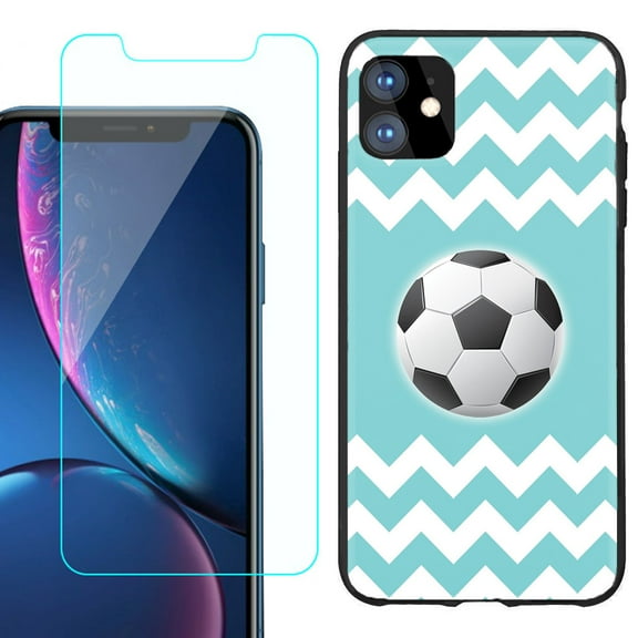 For Apple iPhone 11 Phone Case , Slim-Fit TPU Protective Case (Black), with Tempered Glass Screen Protector, by OneToughShield ® - Chevron/Teal/Soccer