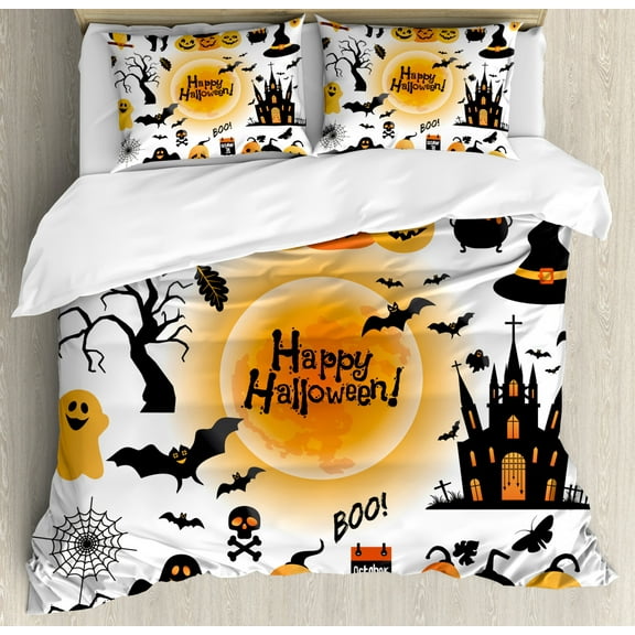 Ambesonne Halloween All Hallows Day Objects Haunted House Owl and Trick or Treat Candy Duvet Cover Set