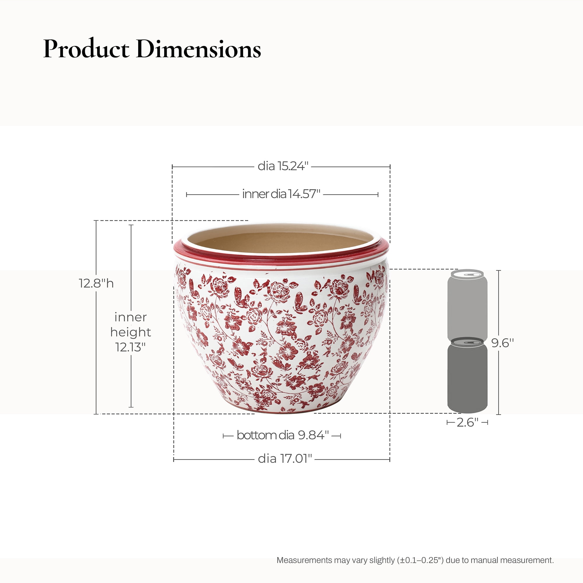 LuxenHome 17" Dia Red and White Round Planter Pot, Large Ceramic Flower Pot with Drainage