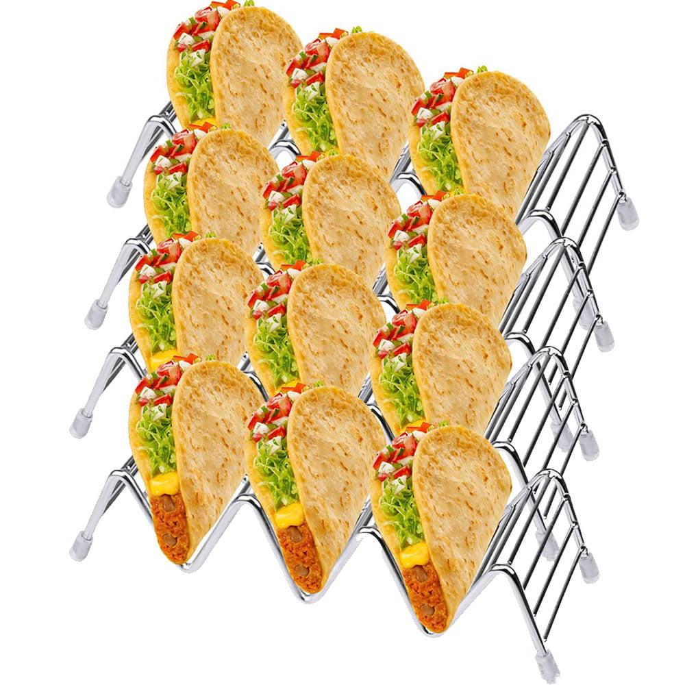 Stainless Steel Taco Holder Set of 2 Taco Truck Tray Style Safe For Baking Hold 3 or 4 Taco Stand Rack Metal Mexican Taco Shells Serving Tray 