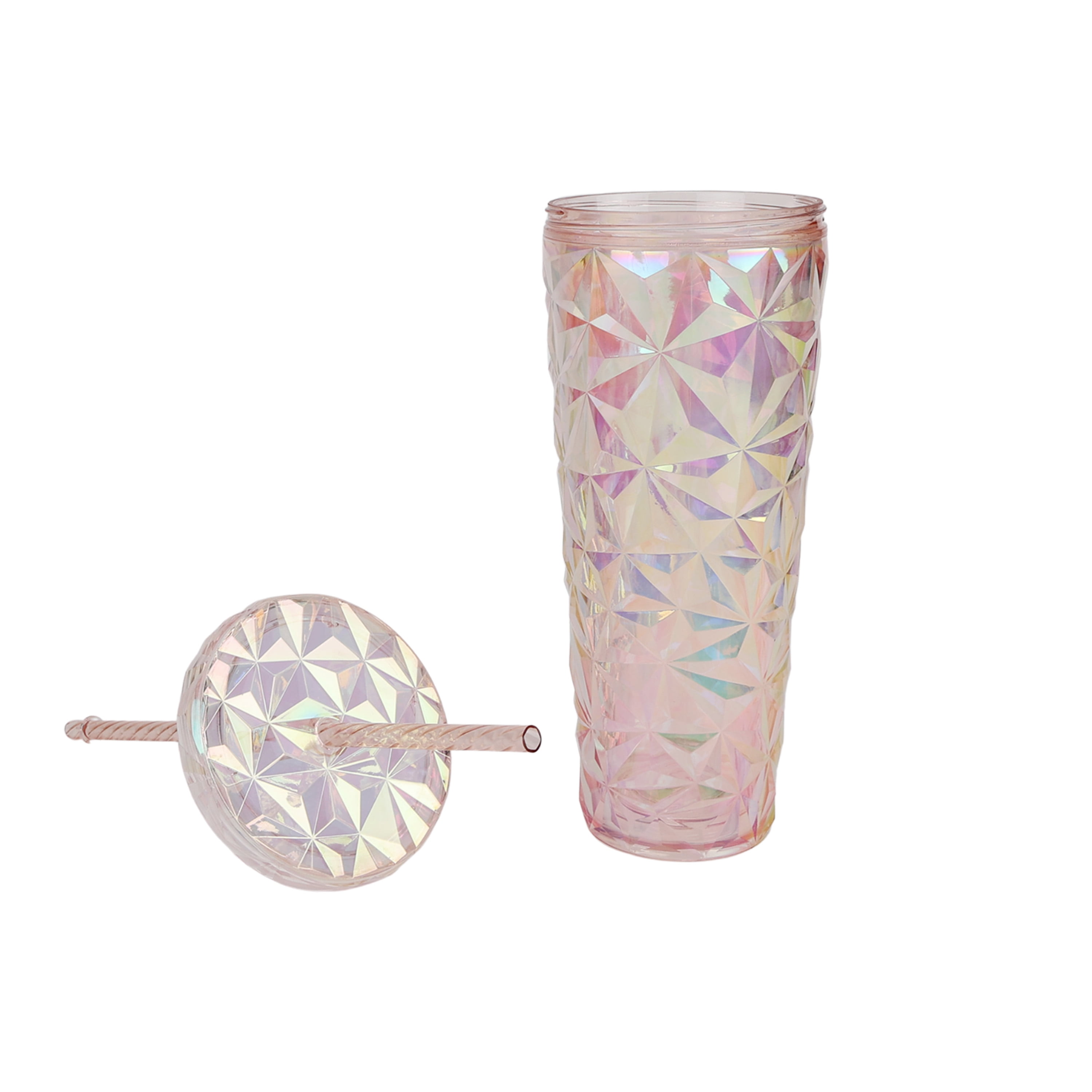 Holiday Time 26 oz Plastic Double Wall Insulated Prismatic Textured Tumbler with Straw, Pink Iridescent