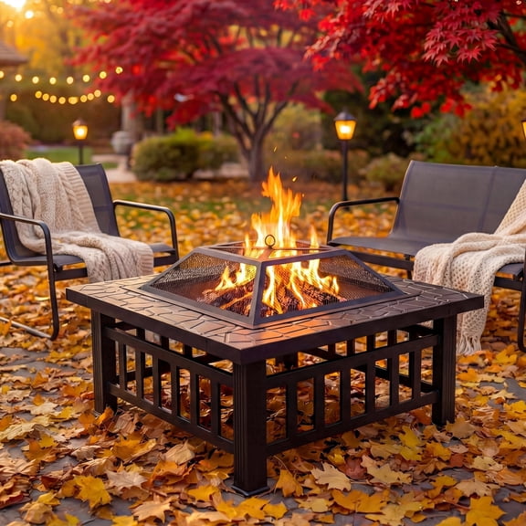 32" Fire Pits for Outside, SYNGAR Wood Burning Bonfire Fire Pit Table with Mesh Lid, Grate and Poker, Outdoor Metal Square Fire Pit for BBQ, Camping, Picnics, Backyard