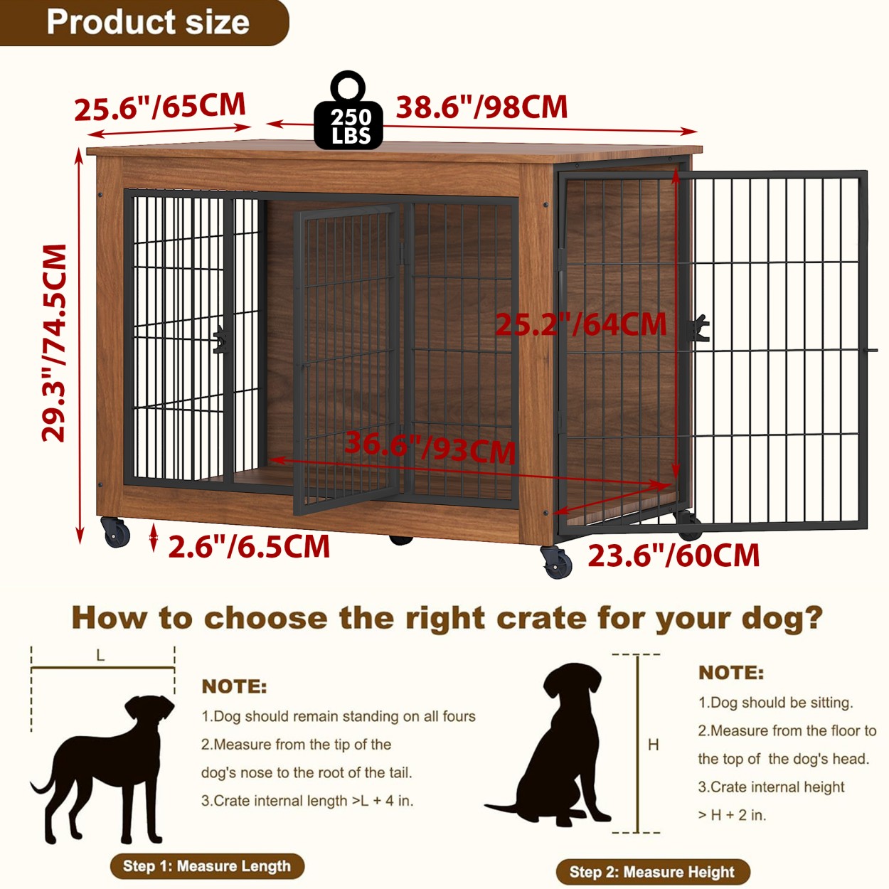 38.6" Dog Crate Furniture with Wheels for Small Dogs, Wooden Indoor Kennel with 2 Doors, Heavy Duty Metal Dog Cage End Table, Double Door Pet Crate, Brown