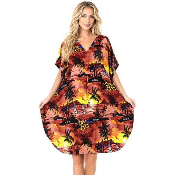 HAPPY BAY Women's Summer Loungewear OverSize Caftan Mini Casual Sundress for Women 2X-3X Sunset, Palm Tree