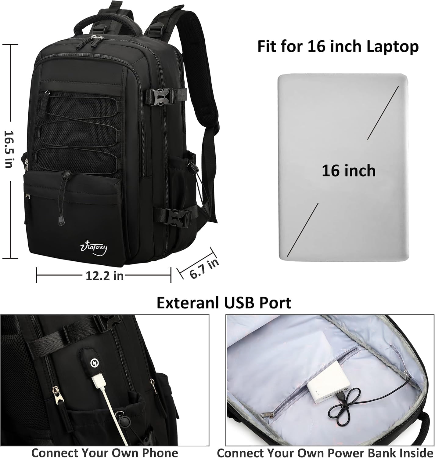 Travel Backpack for Women Men 15.6 Inch Laptop Backpacks with USB Port Carry on Bag Airline Approved Large College School Bookbags Waterproof Work Business Sport Rucksack Casual Daypack (Black)