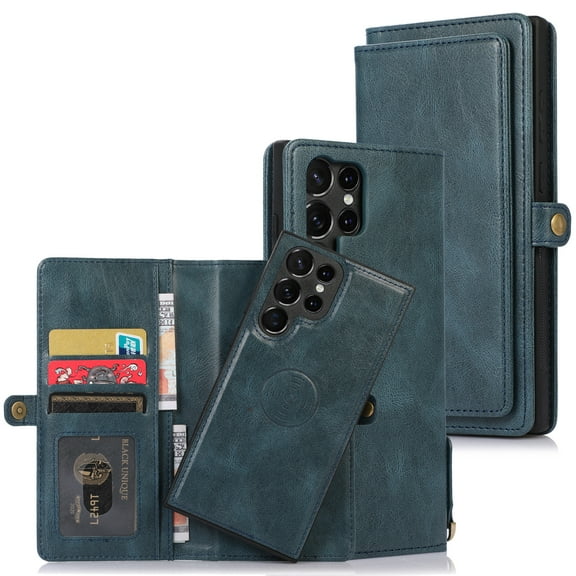 ELEHOLD Luxury Multi-Functional Wallet Case for Samsung Galaxy S23 Ultra with Card Slots Dual-Use Detachable Phone Case Magnetic Function Lanyard Shockproof Wallet Case,Navyblue