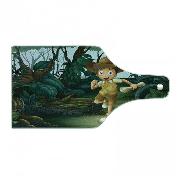 Colorful Cutting Board, Kid Running in the Middle of Woods with a Map Adventure, Decorative Tempered Glass Cutting and Serving Board, in 3 Sizes, by Ambesonne