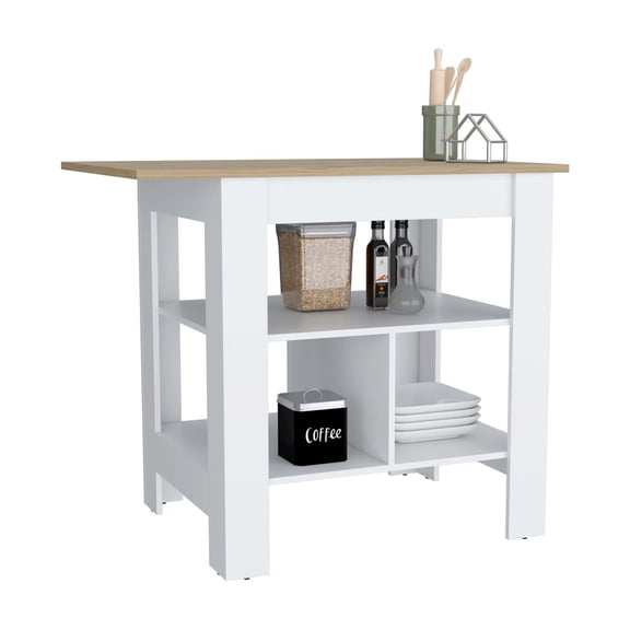 Newboti Furniture Kitchen Island, kitchen table 35" H, 3 Open Shelves, White/Macadamia 44639