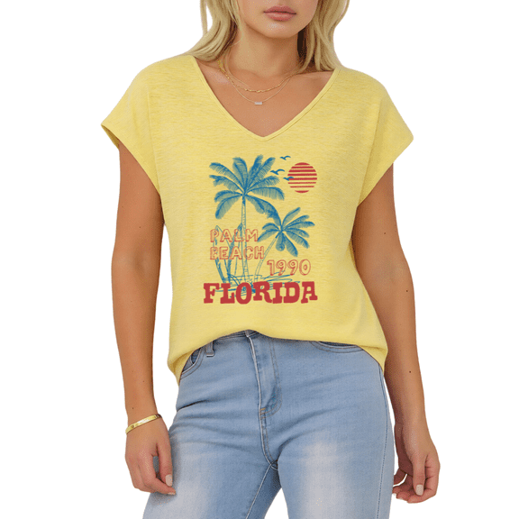 Giffimy Women's Retro Florida Palm Beach Yellow V-Neck Sleeveless T-Shirt Summer Vacation Tank Top