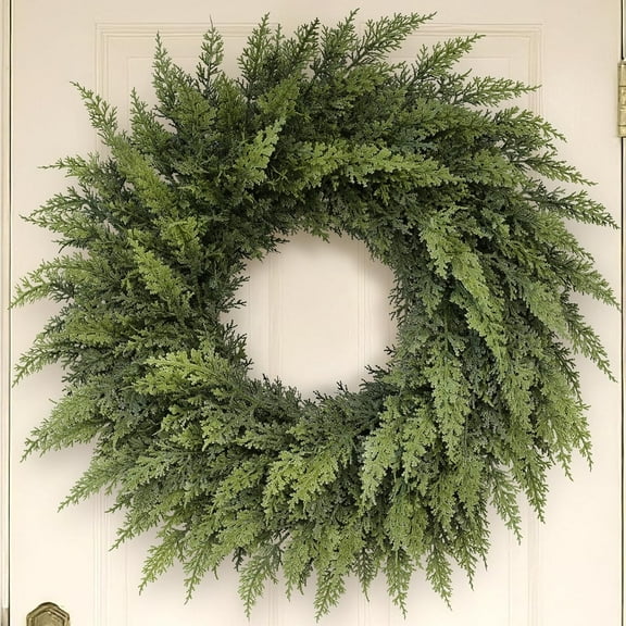 Vlemua 13.78" Real Touch Christmas Cedar Wreath - Artificial Cedar Wreaths Faux Green Fake Pine Needles Wreath for Front Door, Wall, Windows, Home,Outdoor,Xmas Decor
