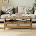 thumbnail image 2 of Royalbelle 40-Inch Modern 2-Tier Cocktail Table,Rattan Coffee Table with Storage with 2 Rattan Doors and Open Shelf,Wooden Center Table with Thick Wood Top for Farmhouse/Apartment,Brown, 2 of 8
