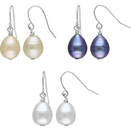 9-10mm Cultured Freshwater Pearl Drop Earrings, Set of 3 (White, Pink and Black Pearls)