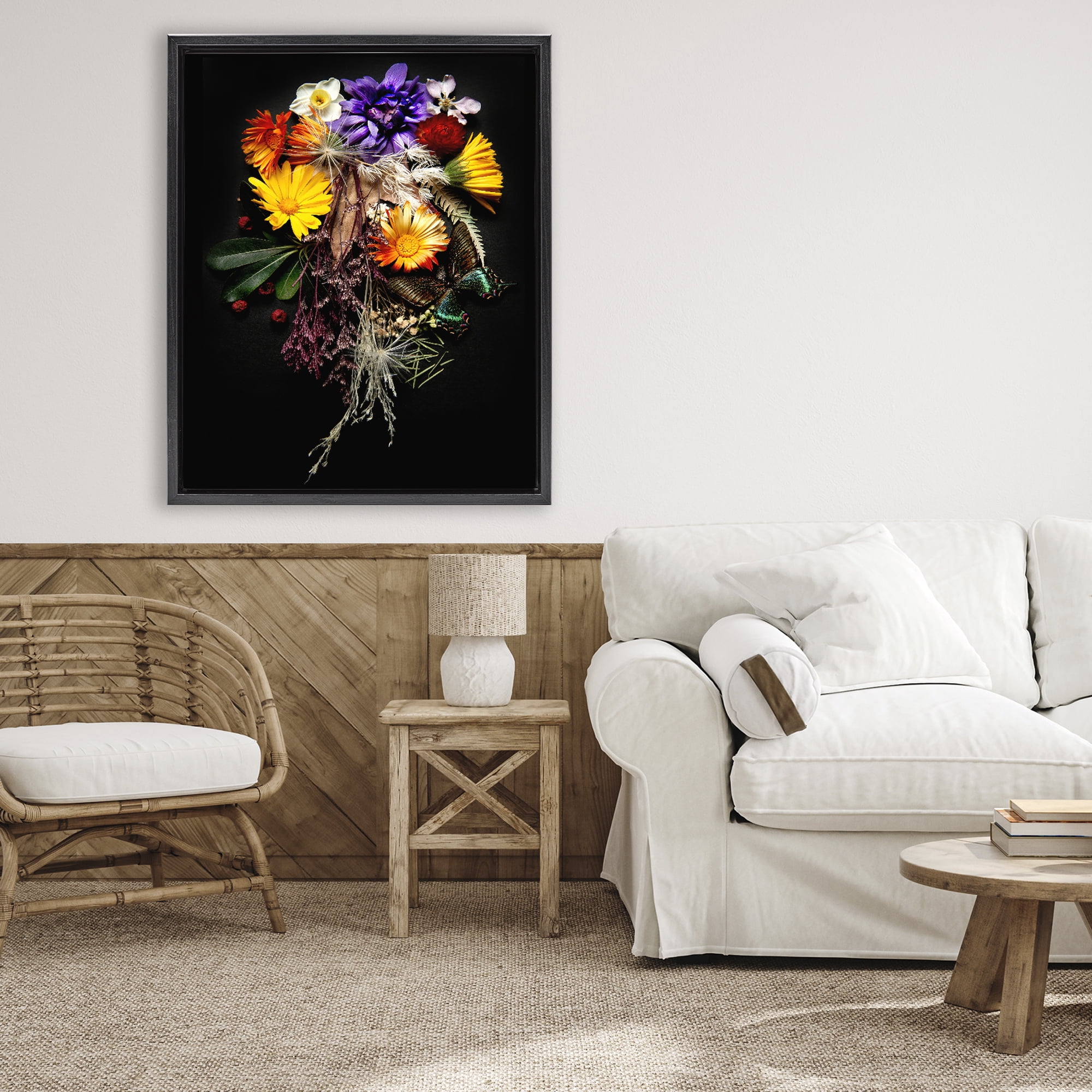 Stupell Industries Butterfly Adorned Arrangement Black Framed Floater Canvas Wall Art, design by Carl Kravats