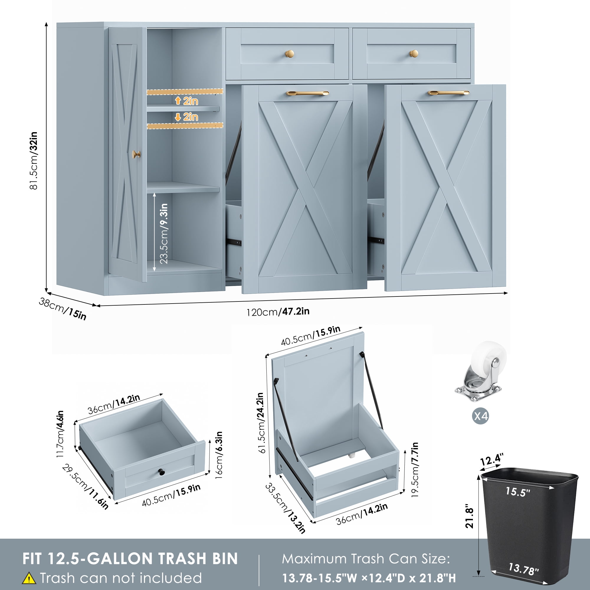 Homfa 47.2"W Kitchen Sideboard Credenza, Trash Can Cabinets Fits 12.5 Gallon Can, 2 Drawer Wood Buffet Storage Cabinet with Adjustable Shelf, Blue