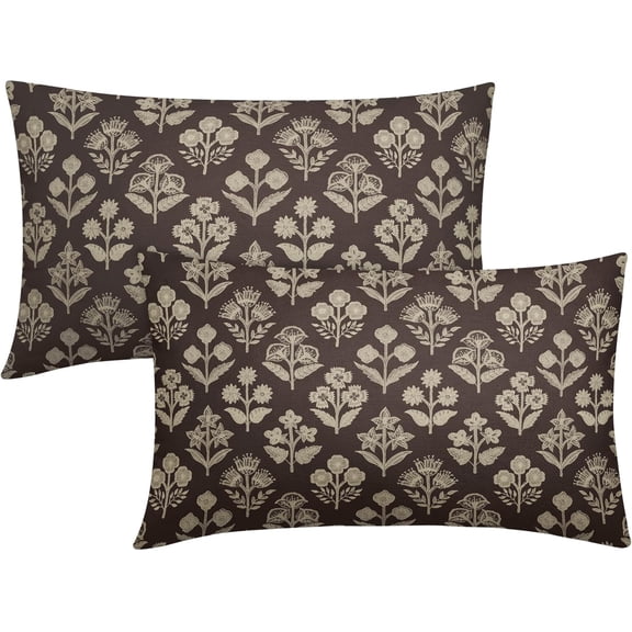Drak Brown Pillow Covers 12x20 Inch Set of 2, Cream Floral Block Print Pattern Lumbar Decorative Throw Pillowcases Outdoor Farmhouse Rectangle Cushion Covers Spring Summer Sofa Couch Bed Decor