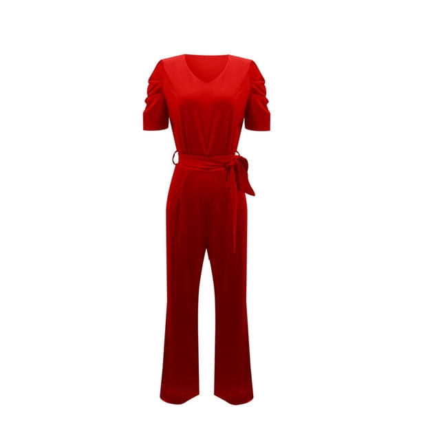 Gibobby pantalones siameses de pierna ancha Pantalones de manga corta con cuello en V de color sólido para mujer con correa en la cintura de temperamento de verano(Rojo, XXL)