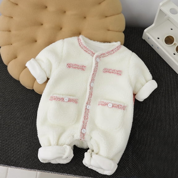 Baby Deals!Winter Warm Fleece Newborn Onesies Baby Girl Snowsuit Block Color Long Sleeve Round Neck Fluffy Fuzzy Romper Jumpsuit for Baby Girls Boys Outerwear Outfits 2-24 Months