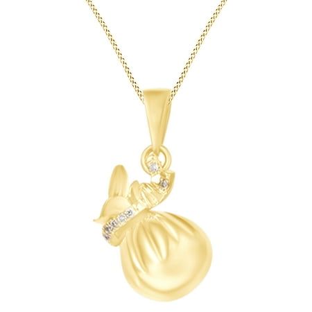 White Gold Monkey - Round Cut White Natural Diamond Money Bag Pendant Necklace In 14k Yellow Gold