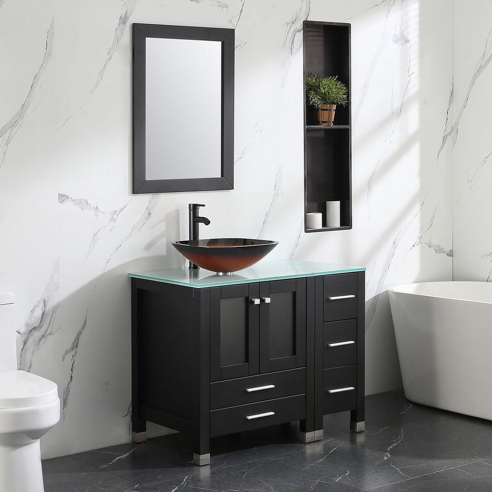 Walsport 36" Luxurious Bathroom Vanity and Sink Combo Cabinet with Golden&Black Glass Vessel Sink and Faucet Pop Up Drain,Black