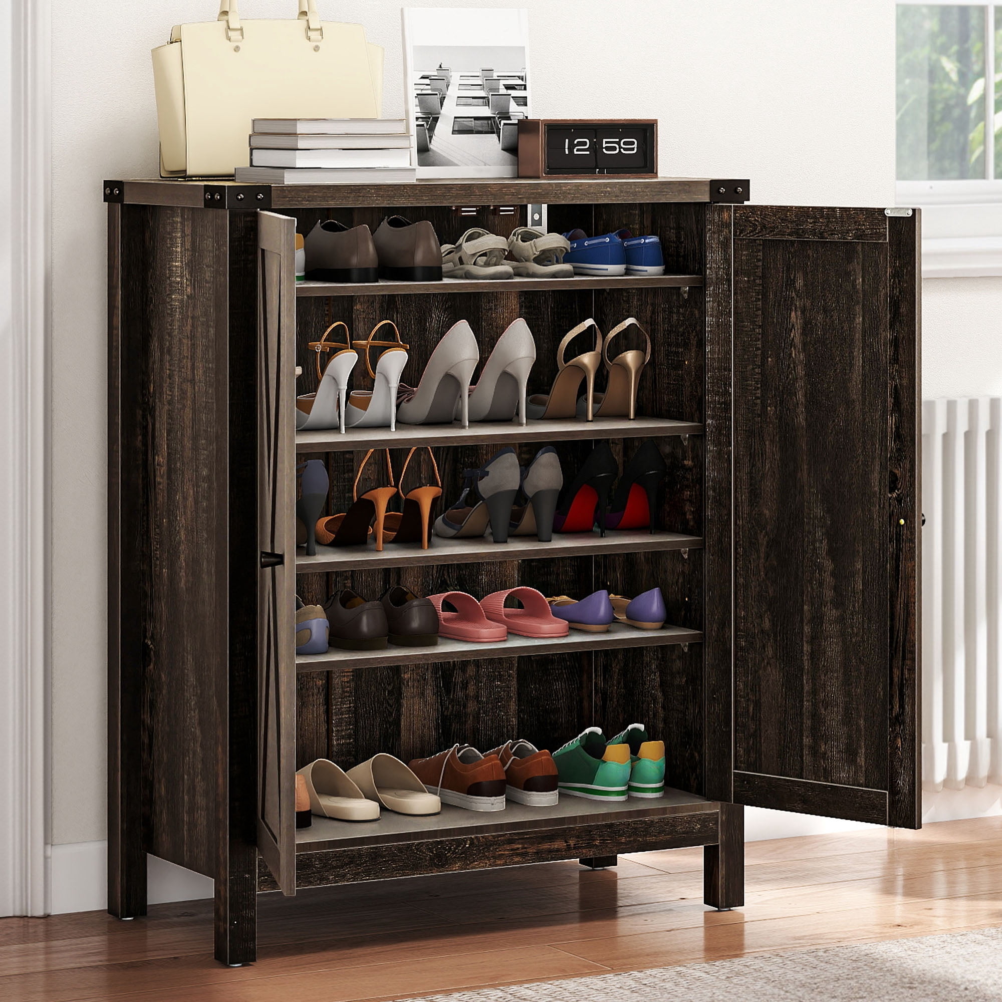 Uforic Farmhouse Shoe Cabinet with Door, 5-Tier Freestanding Shoe Organizer with Open Shelf