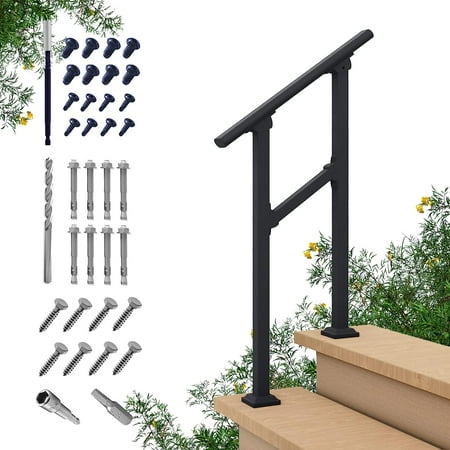 CHR 2 Steps Outdoor Handrails for Outdoor Steps Black Wrought Iron Hand Rail Stair Railing Kit (1-2 Steps Handrail)
