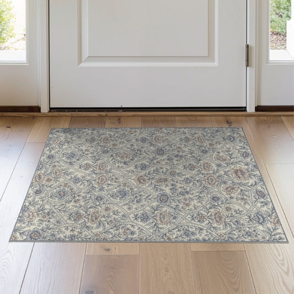 ODIKA 2'x3' Washable Doormat Non-Slip, Low Pile Chinoiserie Scrollwork Traditional Eastern Botanical Motif Print for Entryway, Kitchen, Laundry Room