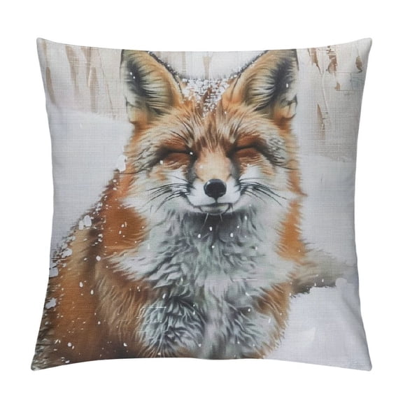 Qinduosi Square Throw Pillow Covers Cute Smiling Fox in Snow Decorative for Home Bedroom Sofa Falling Snowflakes Beautiful Painting Pillowcases Standard Size White