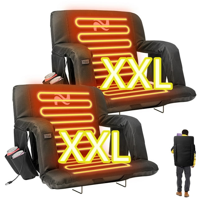 ABORON Heated Stadium Seats for Bleachers Set of 2, Portable Bleacher Seat with Back Support Extra Wide 25 Inch Stadium Chair, USB 3 Levels of Heat, 6 Reclining Positions