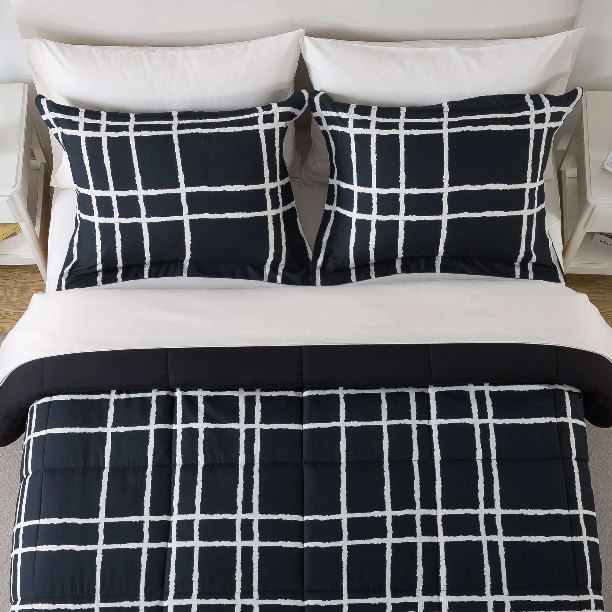 Mainstays All in One Reversible Comforter and Sheet Set, 7-Piece, King, Black and White Checker