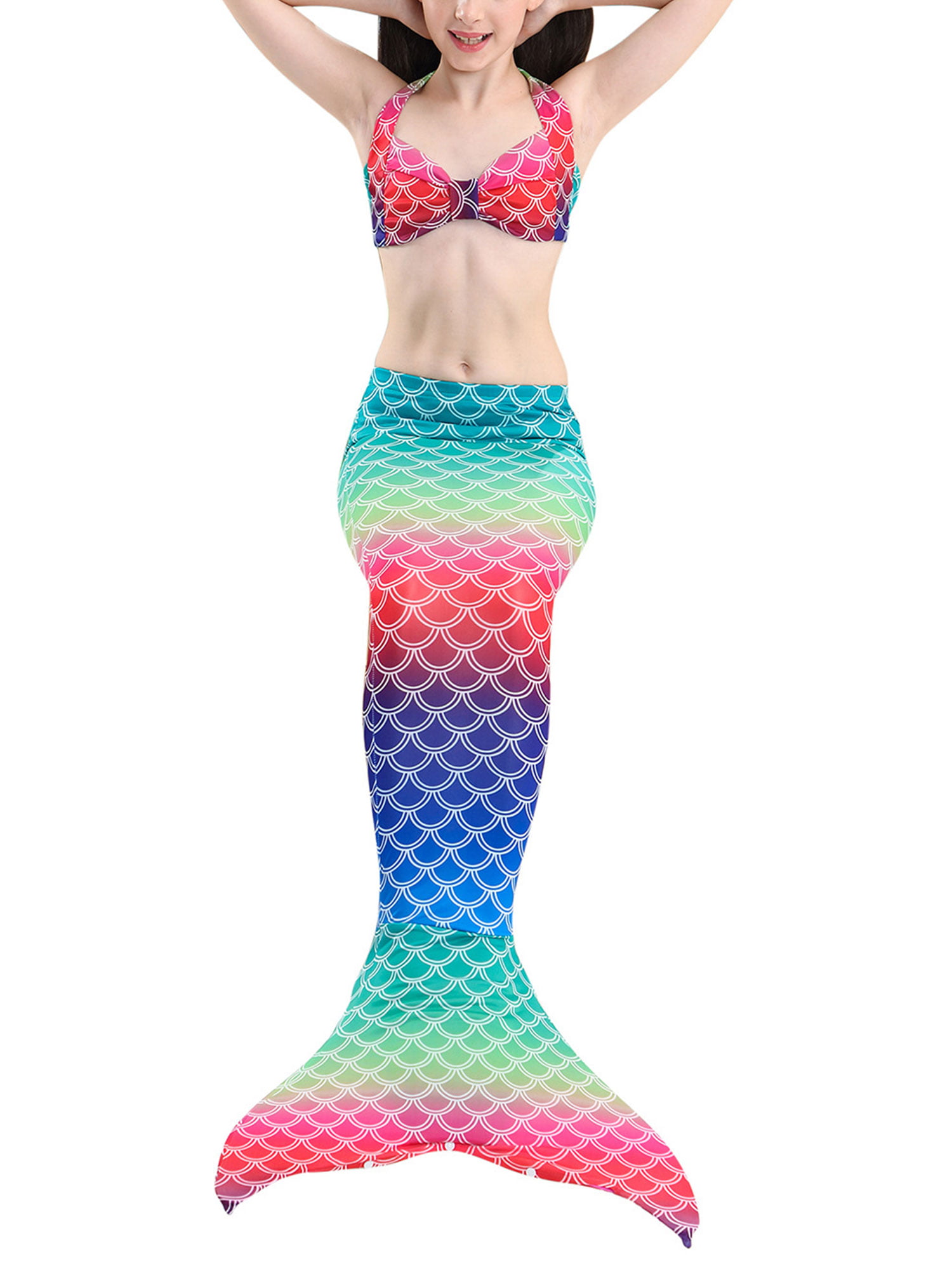 Kids Girls Swimear Mermaid Tail Swimmable Swimming Bikini Withe Monofin Flippers 