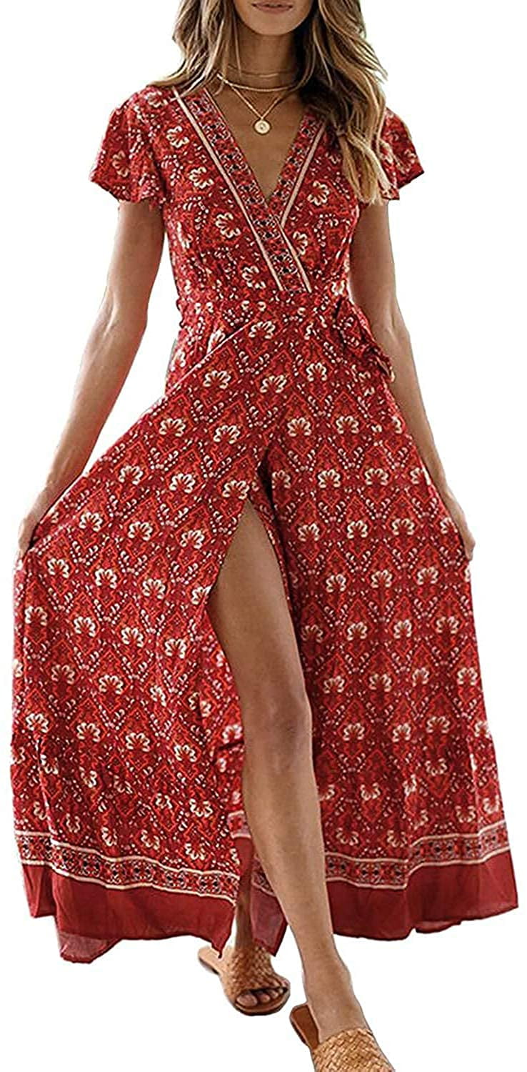 Women's Bohemian Floral Printed Wrap V Neck Short Sleeve Split Beach Party  Maxi Dress - Walmart.com