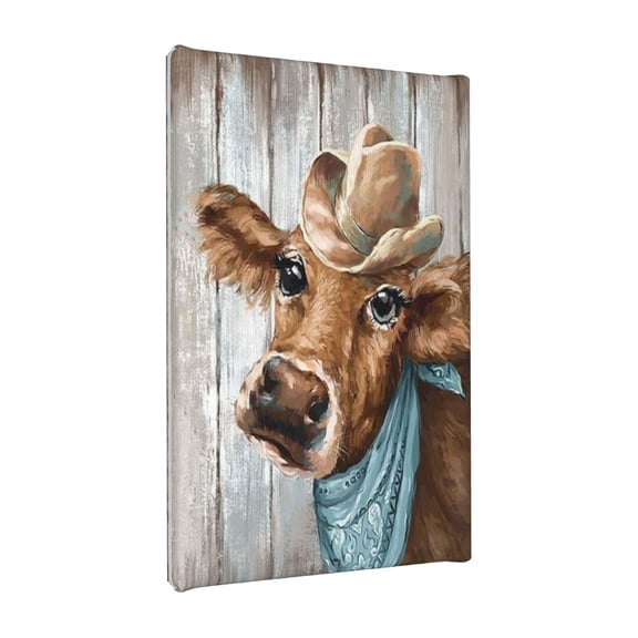 Farmhouse Cow Wall Art 8x10 Inch Unframed, Rustic Western Cowboy Cow Canvas Wall Decor, Cute Brown Cow with Hat & Bandana Painting Print for Bathroom Bedroom Kitchen Living Room Country Home Decor