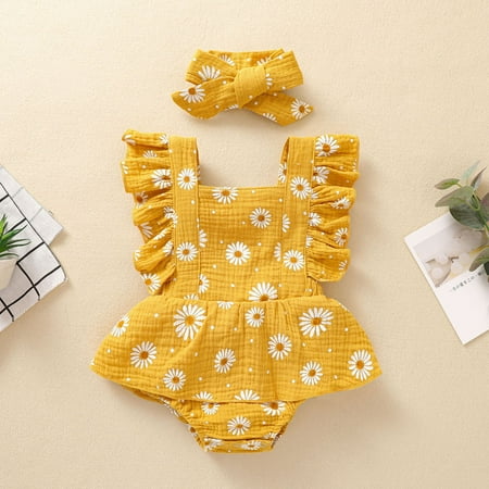 

EQWLJWE Newborn Infant Baby Girls Ruffle Floral Print Backless Romper Bodysuit+Headbands Girls Harness Holiday Clearance