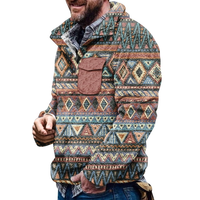 VBARHMQRT Oversized Sweatshirt Male Autumn and Winter Long Sleeve Sweatshirt Flannel Retro Ethnic Style Print Hoodless Button Pocket Sweatshirt Top