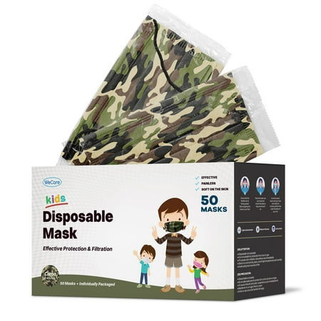 WeCare Disposable Face Mask, 3-Ply with Ear Loop (50 Individually Wrapped) - For KIDS - Green Camo