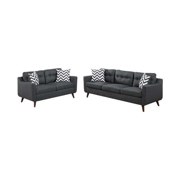 Roli 2pc Sofa and Loveseat Set- 4 Throw Pillows- Soft Black Polyfiber