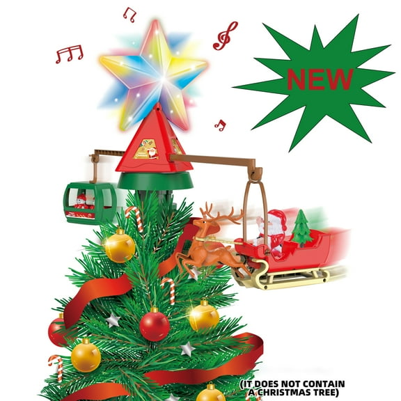 XEAZON Christmas Tree Top Rotating Decoration, Christmas Tree Topper Decorations with LED Star Light, Santa Sleigh and Cable Car, Rotating Tree Top Decoration with Music for Xmas Party Holiday Decor